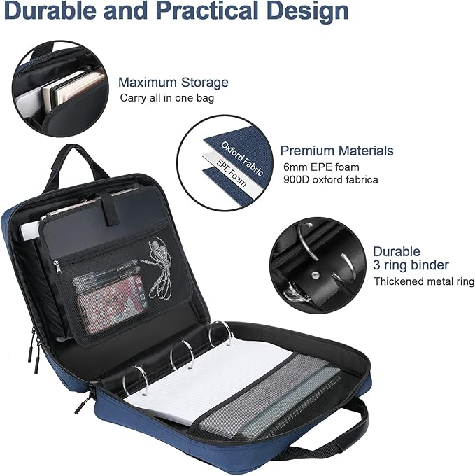 3 Ring Zipper Binder 2 Inch with Shoulder Strap 500 Sheet Capacity & Multi-Pockets for School and Office Binder Organizer, Compatible with 13-Inch MacBook/Tablet (Patent Design Dark Blue)