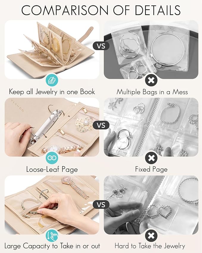 Vlando Travel Jewelry Organizer Case,Jewelry Storage Book Ring Binder with Clear Zipper Velvet Pouch Bag for Traveling,Rings,Necklace,Earrings,Bracelets,Brooches-Toffee
