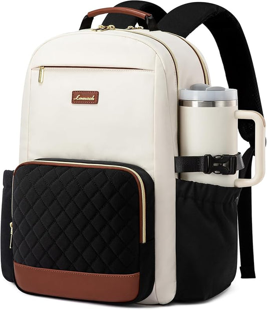 LOVEVOOK Laptop Backpack for Women with Pouch Pocket for Large Capacity Cup,17 Inch Teacher Nurse College Work Travel Backpack Purse,Waterproof Laptop Computer Bags,Beige-Black-Brown+Diamond-shaped
