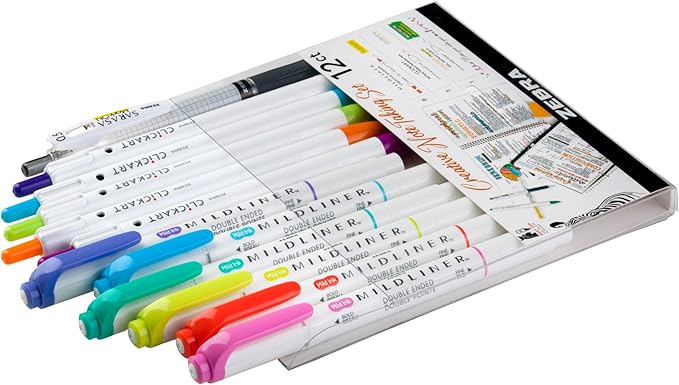 Zebra Pen Creative Notetaking Set 12-Pack, Includes 6 Highlighters, 5 CLiCKART Retractable Marker Pens, and 1 Sarasa Retractable Gel Pen, Assorted Ink Colors, Ideal For Note-Taking (12012)