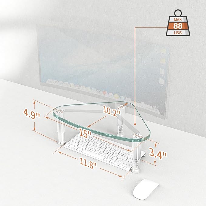Hemudu Clear Glass Computer Monitor Riser/Triangle Desktop Universal Corner Stand for Computer Monitor & Laptop HD01T-003