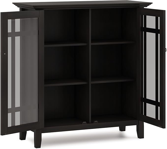 SIMPLIHOME Bedford Storage Cabinet - 39 inch Wide Solid Wood Medium Cabinet in Hickory Brown, Transitional Console for Living Room, Entryway, or Dining Room with Glass Doors and Adjustable Shelves