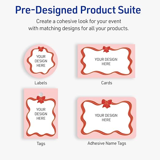 Avery Printable Christmas Adhesive Name Badges, Rectangle, 2-1/3" x 3-3/8", Pre-Printed Pink Border with Red & Gold Bow Design, Matte White, Laser & Inkjet Compatible, 80 Total