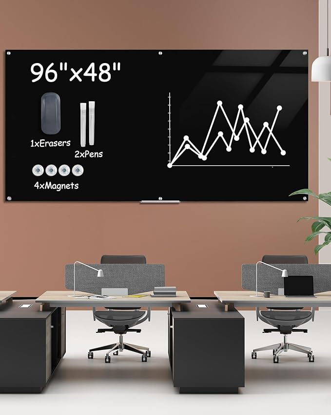 Mifuro Magnetic Glass Whiteboard，96"x48" Wall Mounted Frameless Dry Erase Board for Office, Home & School Black