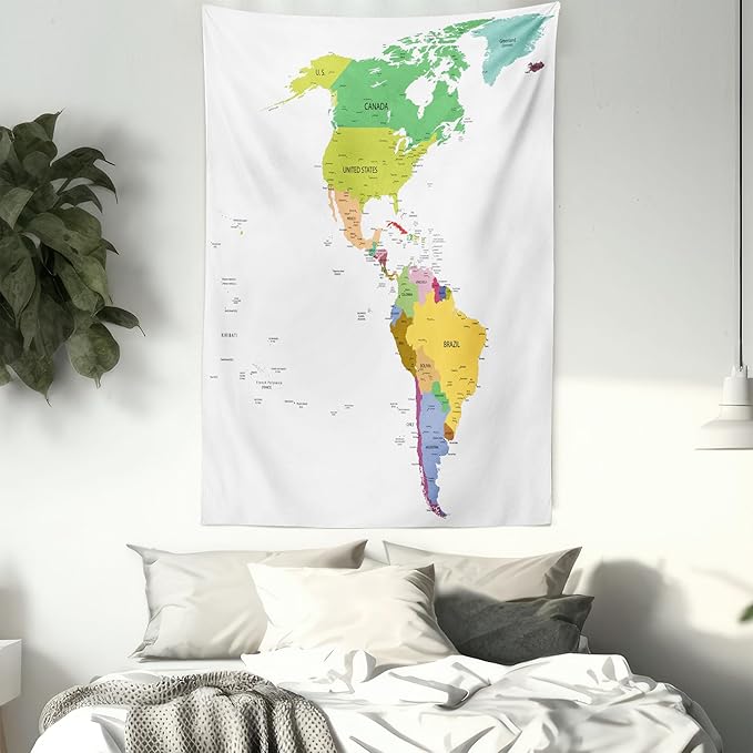 Ambesonne Map Tapestry, Map of South and North America with Countries Capitals and Major Cities Colorful Design, Fabric Wall Hanging Decor for Bedroom Living Room Dorm, 30" X 45", Green White