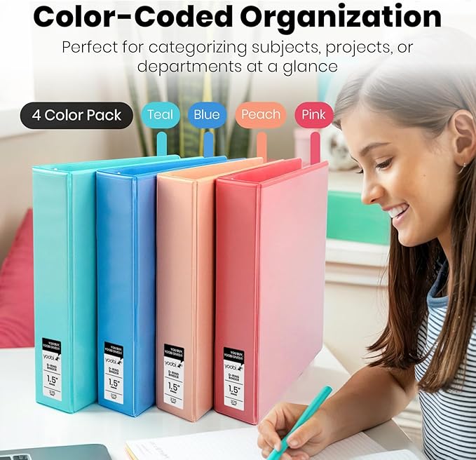 Yoobi 3 Ring Binders – 1.5 Inch Binder with Round D Rings and 2 Pockets, Durable, PVC-Free Organizer with 375 Sheets Capacity, 4- Pack Colored Binders with Plastic Cover for Office Supplies