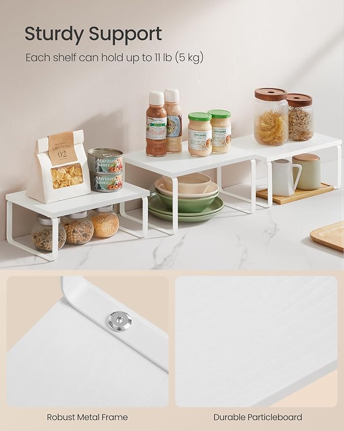 SONGMICS Cabinet Organizer Shelf, Set of 3 Kitchen Counter Shelves, Kitchen Storage, Spice Rack, Stackable, Expandable, Snow White and Matte White UKCS220W01