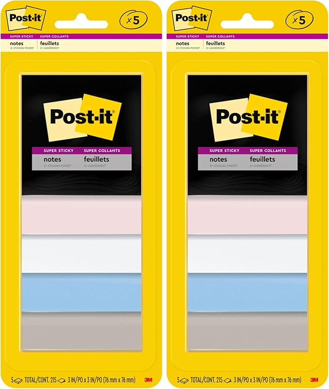 Post-it Super Sticky Notes, 3x3 in, Simply Serene Collection, 5 Pads/Pack (3321-5SSNE) (Pack of 2)