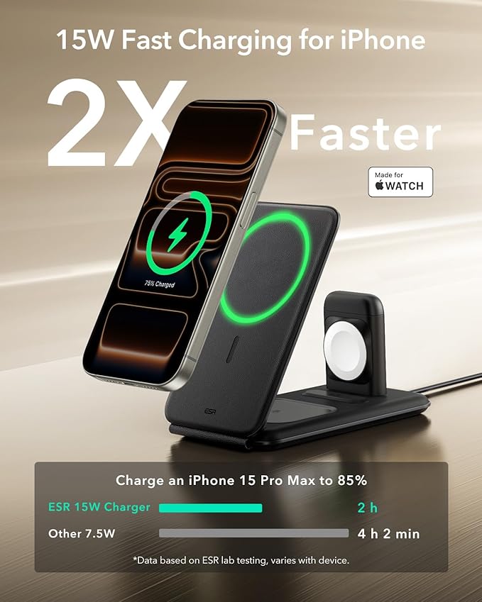 ESR 3 in 1 Charging Station for Apple, Certified Apple Watch Charger, 15W MagSafe Charger Stand for iPhone, Travel Charger for iPhone 17/16/15/14/13, Watch, AirPods,Black