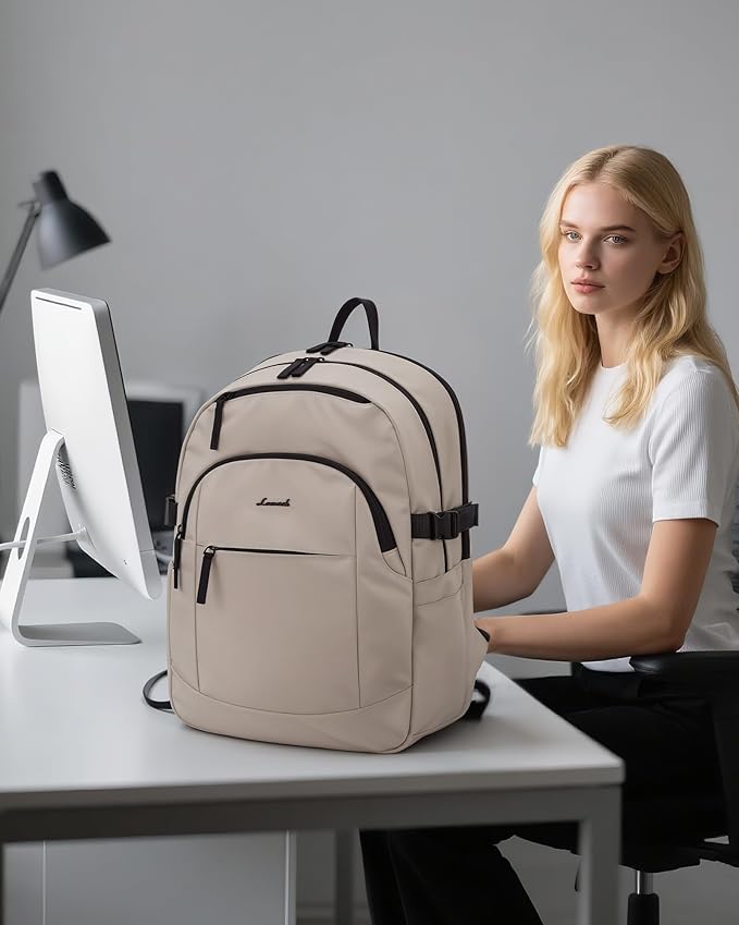 LOVEVOOK 5-Layer 15.6 Inch Laptop Backpack for Women, Work Business Computer Bag, College School Daypack, Travel Personal Item & Casual Purse, Neutral Taupe