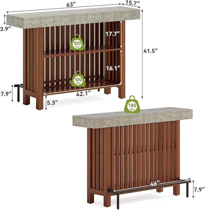 LITTLE TREE 63-Inch Home Bar Table, 2-Tier Storage Shelf Mini Bar Unit, Kitchen Pub Table, Small Indoor Bar Counter, Grey + Rustic Brown