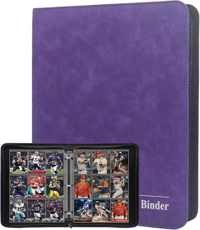 Card Binder 9 Pocket, 3-Ring Zipper Binder for Baseball Cards, Sports Cards, TCG/CCG (MTG, Football, Basketball), 20 Black Leatherette Sheets, Side Load (Purple, O-Ring)