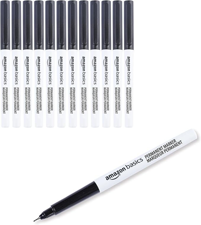 Amazon Basics Ultra Fine Point Permanent Markers for Drawing and Writing, Quick Drying, Fade Resistant, Black, 12-Pack