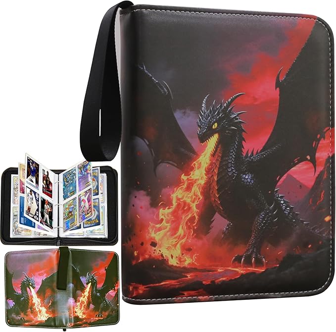Trading Card Binder–Deluxe Fire Dragon 4-Pocket Side-Loading Zipper Album with 50 Sleeves and 400 Pockets–Fits Sleeved Cards–Ideal for TCG，MTG, Sports Collector