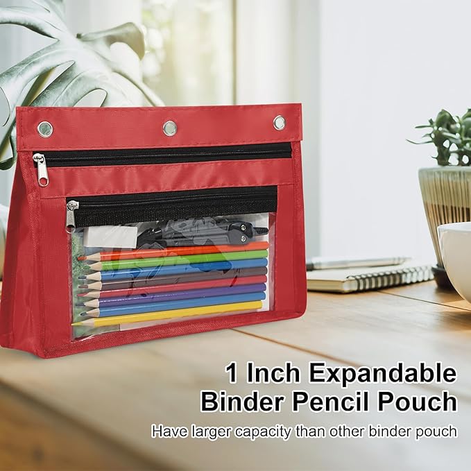 YoeeJob 6 Pack 1 Inch Expandable Zipper Pencil Pouches with Clear Window for 3 Ring Binder, Suitable for School & Office（Colourful）