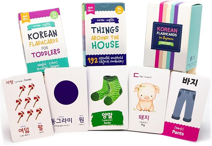 2-Pack Gift Set Korean Alphabet Flashcards for Toddlers, Preschoolers & Beginners | Hangul, Numbers, Colors, Shapes, + 196 Common Household Items Vocabulary