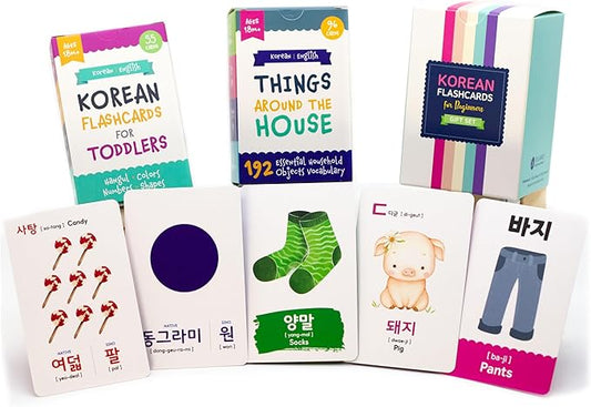 2-Pack Gift Set Korean Alphabet Flashcards for Toddlers, Preschoolers & Beginners | Hangul, Numbers, Colors, Shapes, + 196 Common Household Items Vocabulary