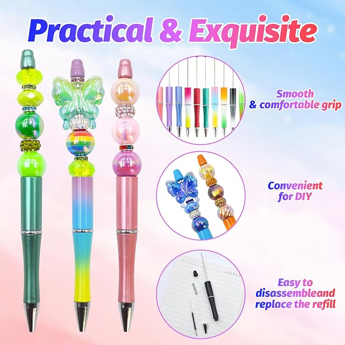 300 Pieces DIY Beadable Pen Kit – 100 Plastic Ballpoint Pens with Refills & Bags – School Supplies, Office Accessories & Decorative Items for Students & Teachers (Gradient)