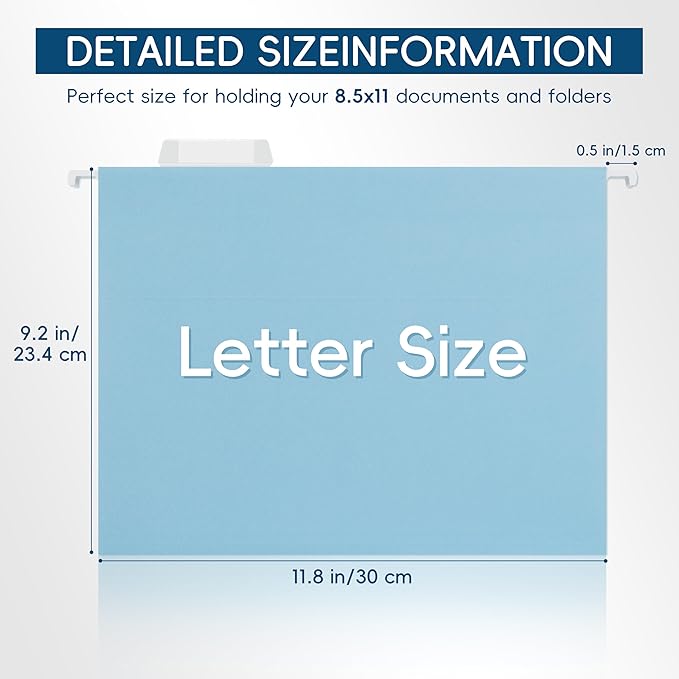 Blue Hanging File Folders,25 Pack Letter Size File Folders with 1/5-cut Tabs,Office Essentials for Filing Cabinet & Desk Storage