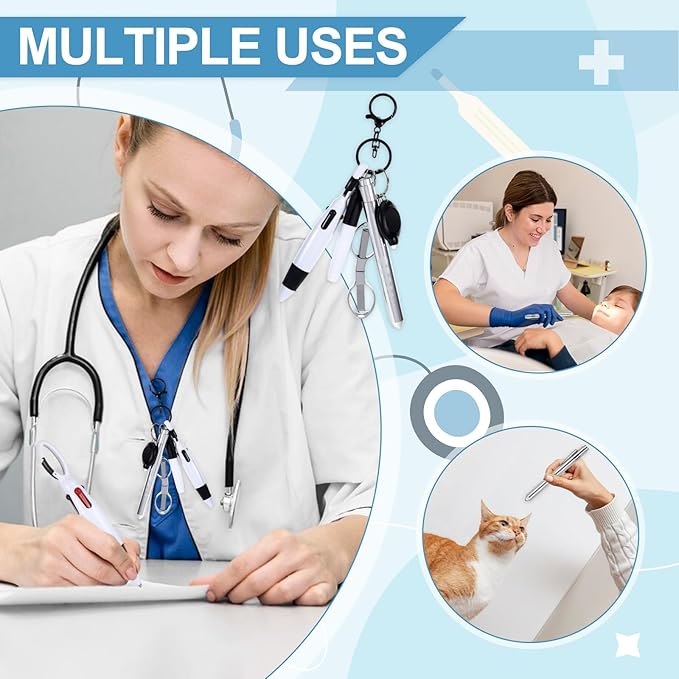 6 Pcs Nurse Pens for Badge Set,Nurse Badge Accessories with Reel Pen,Nursing Accessories Healthcare with Pens,Highlighter and Permanent Marker Pen and Led Keychain Foldable Scissors(Silver)