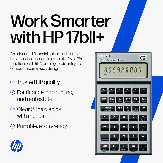HP 17bII+ Financial Calculator – 250+ Professional Functions for Business, Finance & Accounting – RPN, Algebraic Entry, College Math Solver, 2-Line Display, 28KB Memory – Includes Case, Cleaning Cloth