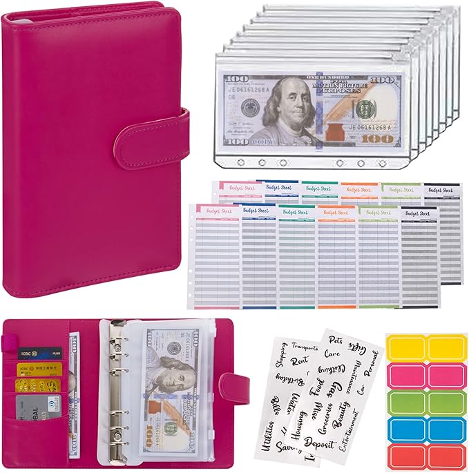 NICOOTHBudget Binder Cash Envelopes A6 Money Saving Binder with Zipper envelopes (Red)