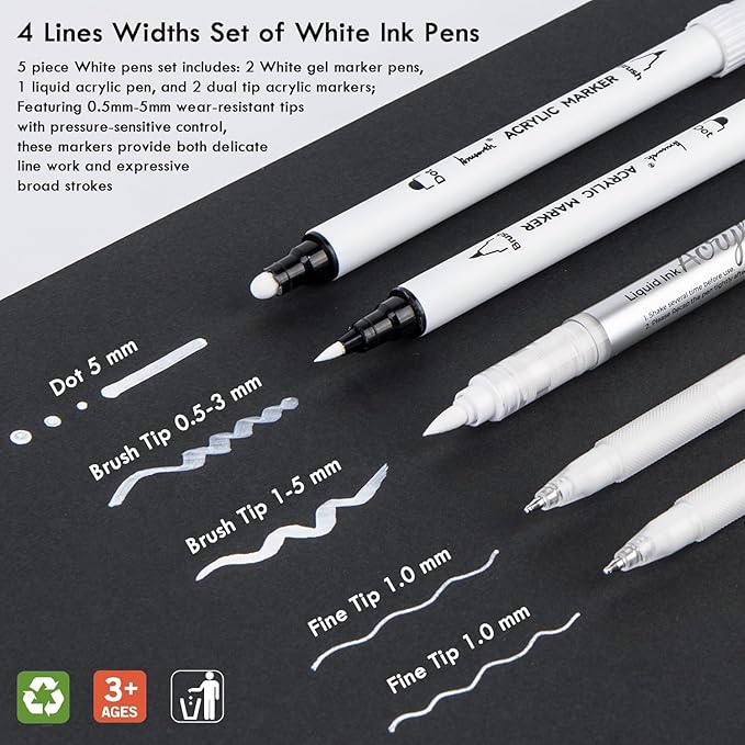 White Pens Set, 5 Pack, 1mm White Gel Pens, Dual-Tip Acrylic Paint Pen, Brush Tip Acrylic Markers for Black Paper Drawing, Sketching, Illustration, Card Making, Bullet Journaling