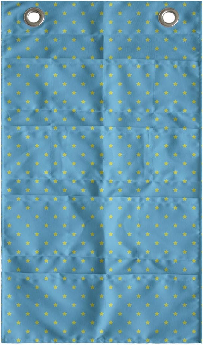 Ambesonne Stars Hanging Pocket Organizer, Continuous Abstract Pattern of Mini Star Motifs Geometric Elements, Printed Polyester Storage Bag with Pockets, 21" x 31", Sky Blue Yellow Green