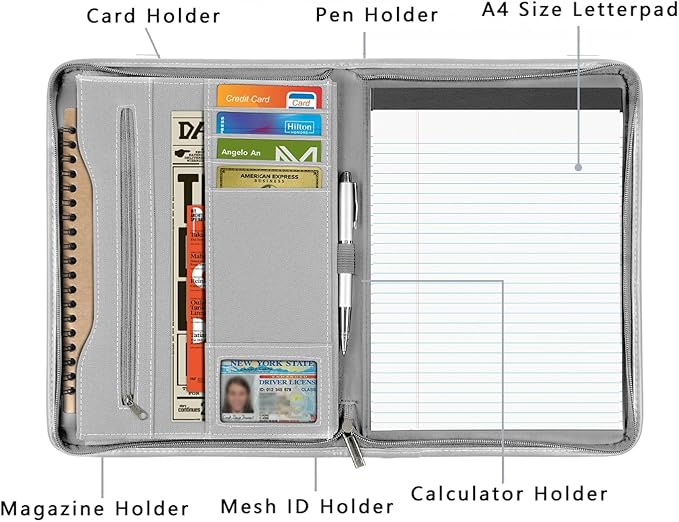 Zippered Portfolio Organizer/ A4 Refillable Lined Writing Notepad Folder Case/Fabric-Covered Padfolio Binder with Interior Storage Pocket for Men Women, Gray.