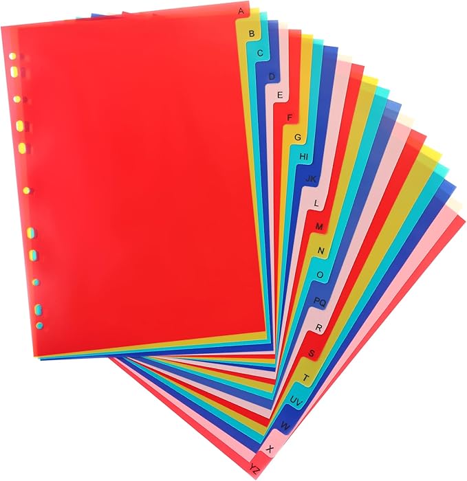 Tab A-Z Binder Dividers, Alphabet Plastic Binder Dividers with Multicolor Tabs, Letter Size 8.2" x 11.6", for 3 Ring Binders, Fits 2/3/4/11 Ring Notebook (21)