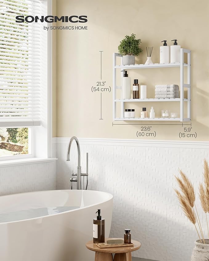 SONGMICS Bamboo Bathroom Shelf, 3-Tier Adjustable Plants Rack, Wall-Mounted or Stand, in The Living Room, Balcony, Kitchen, 5.9 x 23.6 x 21.3 Inches, Cloud White UBCB13W
