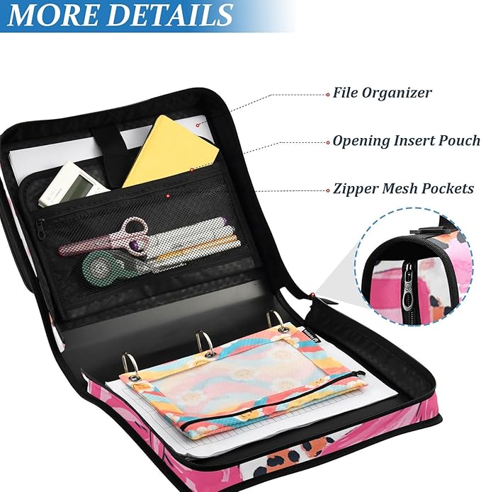3 Ring Zipper Binder with Shoulder Strap Pink Bow Leopard Print 1.5 inch Binders Keeper Large Capacity Multi Pockets for School Office Supplies