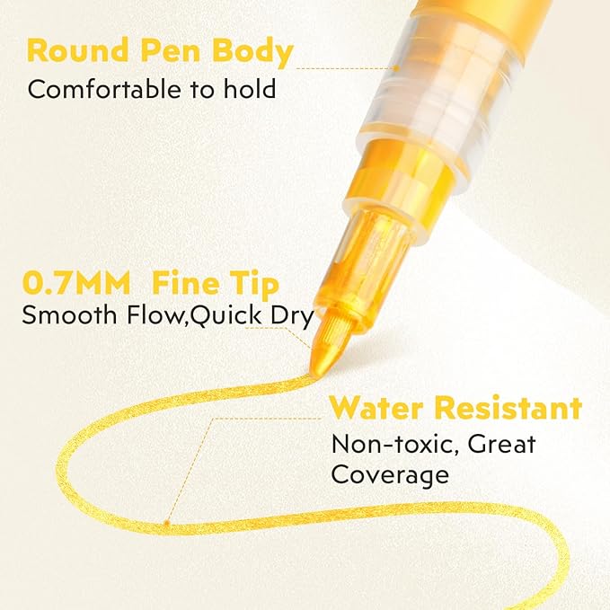 5 Pack Super Gold Paint Markers - Metallic Gold Acrylic Paint Pens Glitter Extra Fine Tip 0.7mm for Black Paper,Wood, Rock Painting, Glass, Fabric