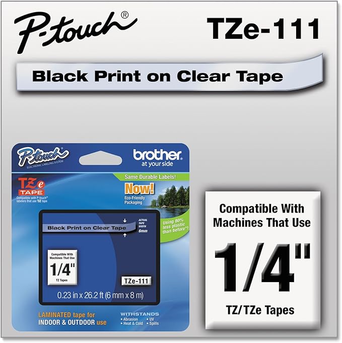 Brother TZE111 TZe Standard Adhesive Laminated Labeling Tape, 1/4-Inch w, Black on Clear