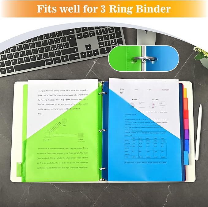 8-Tab Dividers for 3 Ring Binder, 24 Count Binder Dividers with Pockets, Subject Dividers, 3-Hole Plastics Sheets Protectors for US Letter Size in 0.5", 1",2" Binders, Vibrant 8 Color, 3 Packs