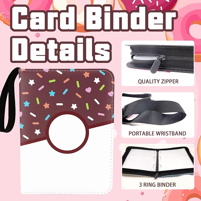 4 Pocket Card Binder 400 Card Holder Album, Pink Donut Trading Cards Holder Zipper Binder for Girl Teen Collection (Choco Donut, 400 Pocket)