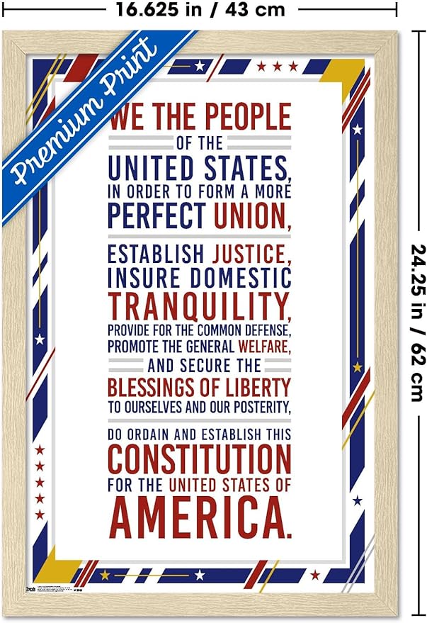 The United States Of America - Constitution Preamble Wall Poster, 22.4L" x 14.7W", Blonde Framed Version