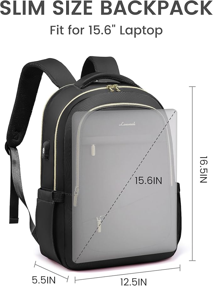 LOVEVOOK Laptop Backpack for Women, Black Business Travel Backpacks with USB Port, Water Resistant Work Teacher Computer Bag, Stylish Daypack, Fits 15.6" Laptop