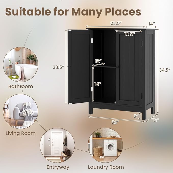 COSTWAY Bathroom Storage Cabinet, Freestanding Bathroom Organizers and Storage with Doors & Adjustable Shelf, Wooden Floor Cabinet for Home, Living Room, Entryway, Kitchen (Black)