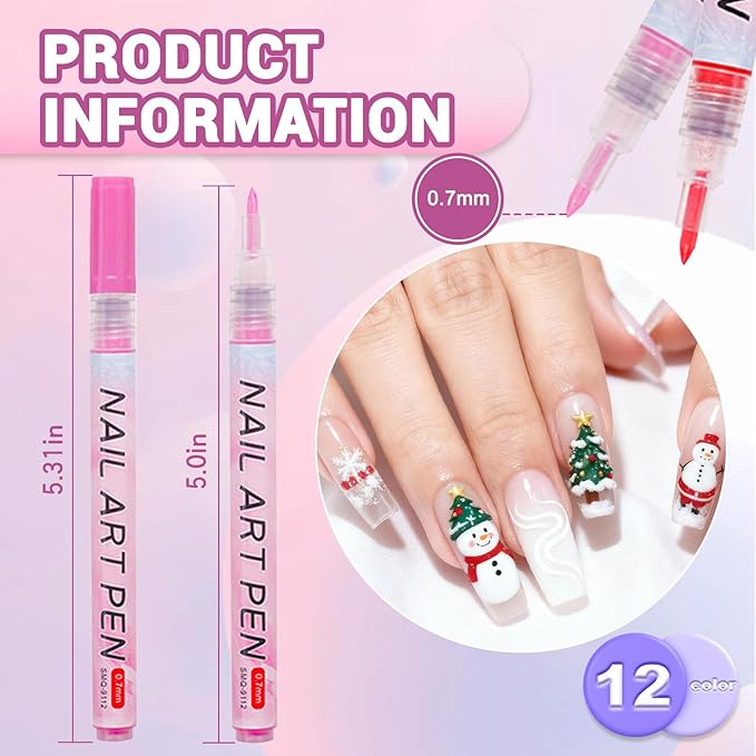 Nail Art Pens Set, 12 Color 0.7 MM Nail Art Markers Nail Polish Pens Drawing Painting Point Liner Painted Kit, Waterproof and Quick-drying Nail for DIY Design Manicure Tools