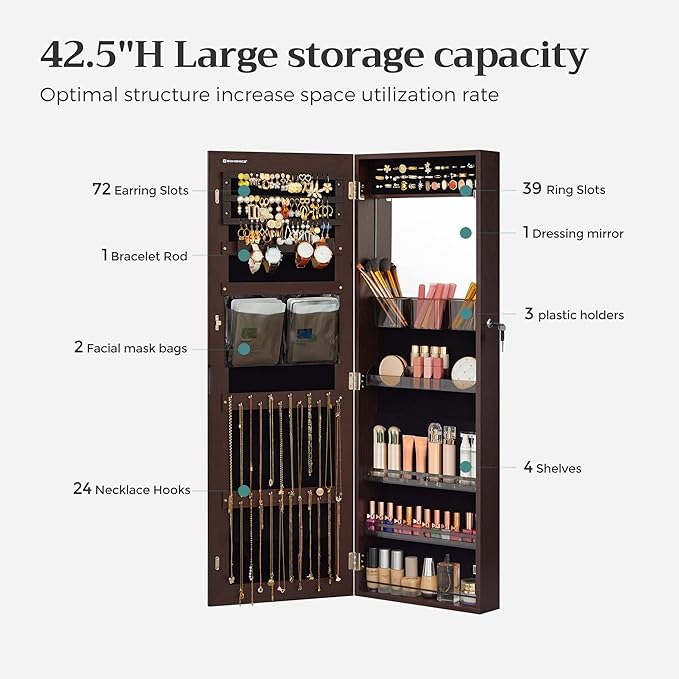 SONGMICS Jewelry Cabinet Armoire, Wall or Door Mount Storage Organizer with Full-Length Frameless Mirror, Lockable Cabinet with Built-in Small Mirror, Shelves, Gift Idea, Brown UJJC003K01