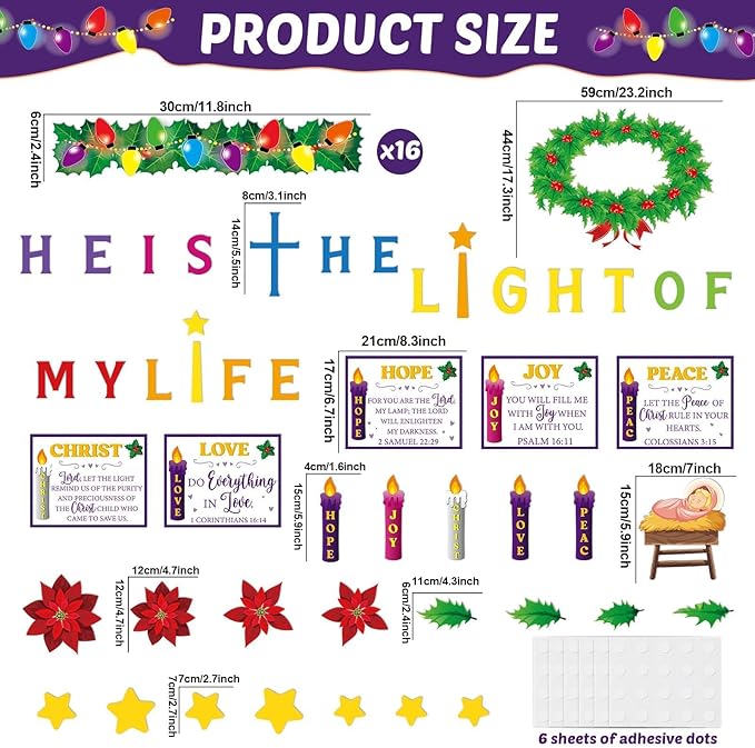 Christmas Advent Bulletin Board Set Advent Wreath Candle Classroom Decoration Love Hope Joy Peace Cutouts Xmas Nativity Bulletin Board for Winter Holiday Christian Religious Sunday School Wall Decor