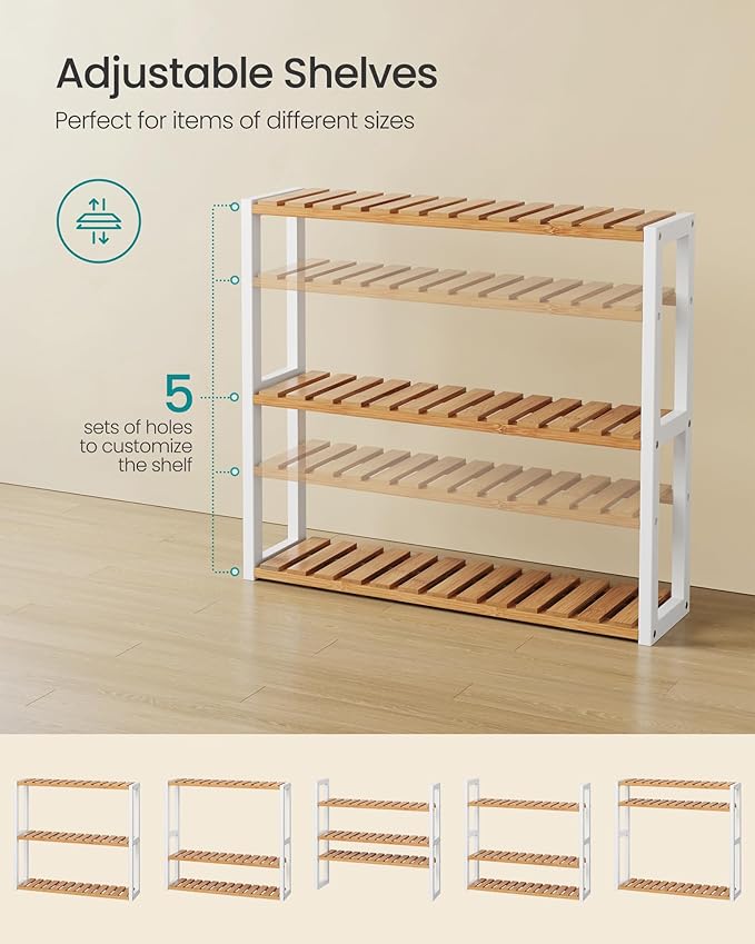 SONGMICS Bamboo Bathroom Shelf, 3-Tier Adjustable Plants Rack, Wall-Mounted or Stand, in The Living Room, Balcony, Kitchen, 5.9 x 23.6 x 21.3 Inches, Natural and Cloud White UBCB13WN
