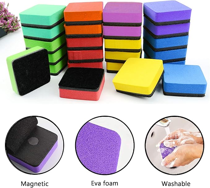 Dry Erase Erasers, AWOWZ 48 Pack Mini Magnetic Whiteboard Dry Eraser Chalkboard Cleaner Bulk for Home, Office and Classroom Teacher Kids Supplies (8 Color, 2 x 2 x 0.79 Inch)