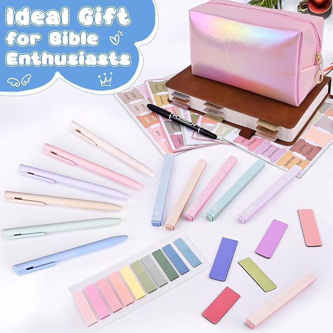 31Pcs Bible Journaling Kit, 12 Bible Highlighters, 6 Smooth Writing Pens, 90 Laminated Bible Tabs, Magnetic Bookmarks, Sticky Notes, Bible Study Supplies, Bible Study Kit for Women