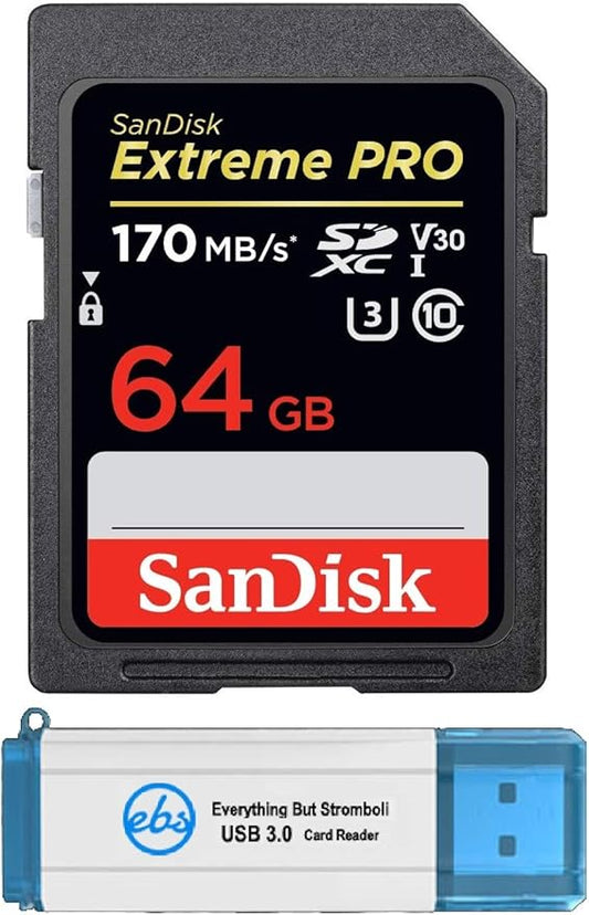 SanDisk Extreme Pro 64GB Memory Card Works with Nikon D5300, D850, D3300, A900, D3400 DSLR Camera SDXC 4K Bundle with (1) Everything But Stromboli 3.0 SD/Micro Reader