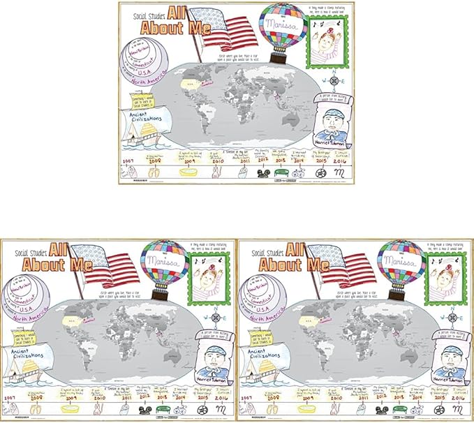 Really Good Stuff Ready-to-Decorate Social Studies All About Me Posters, 22” by 17” (Set of 24) – Classroom Decor, Preschool and Elementary Classroom Must Haves, Sit Dots, Teacher Supplies (Pack of 3)