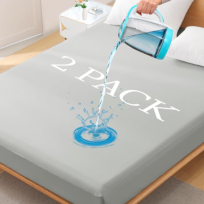 2 Pack Twin XL Premium Waterproof Mattress Protector, Soft Breathable Mattress Pad, Noiseless Waterproof Bed Cover - Stretch to 21" Fitted Deep Pocket Mattress Protection Cover - Light Grey