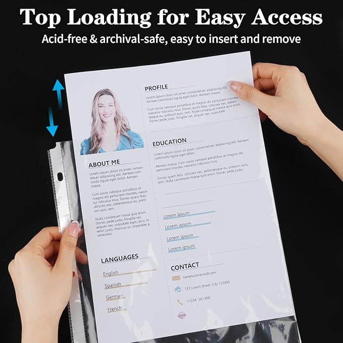 100 Pack Clear Sheet Protectors 8.5 x 11 Inch, Letter Size Page Protectors for 3 Ring Binder, Premium Polypropylene, Reinforced Holes, Acid Free, Top Loading for Documents, Paper, Photos