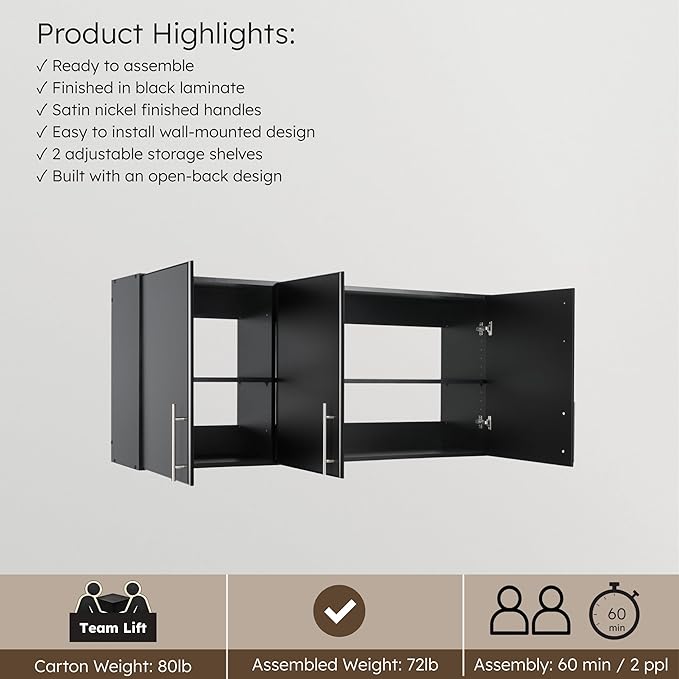 Prepac Elite 54" Wall Cabinet, Black Storage Cabinet, Bathroom Cabinet, Pantry Cabinet with 2 Adjustable Shelves 12" D x 54" W x 24" H